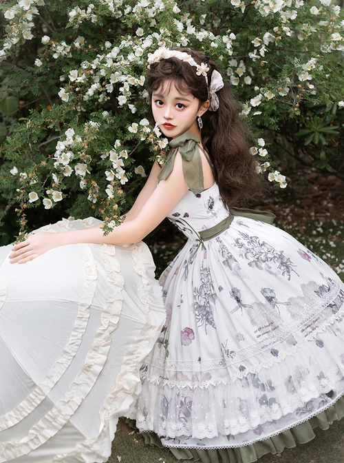 Spring Rhyme Series Elegant Flower Print Spring Summer Backless Lace Hem Classic Lolita Sleeveless Dress