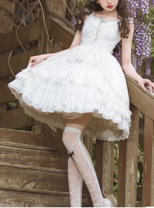 White Elegant Square Neck Lace Flower Decoration Spring Summer Classic Lolita Sleeveless Dress