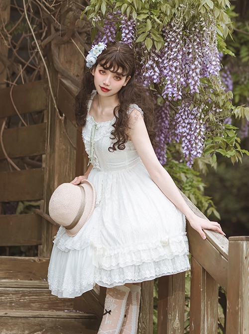 White Elegant Square Neck Lace Flower Decoration Spring Summer Classic Lolita Sleeveless Dress