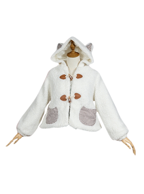 Autumn Winter Keep Warm White Plush Kitten Light Brown Plush Bear Plaid Pocket Ear Decorate Sweet Lolita Long-Sleeved Coat