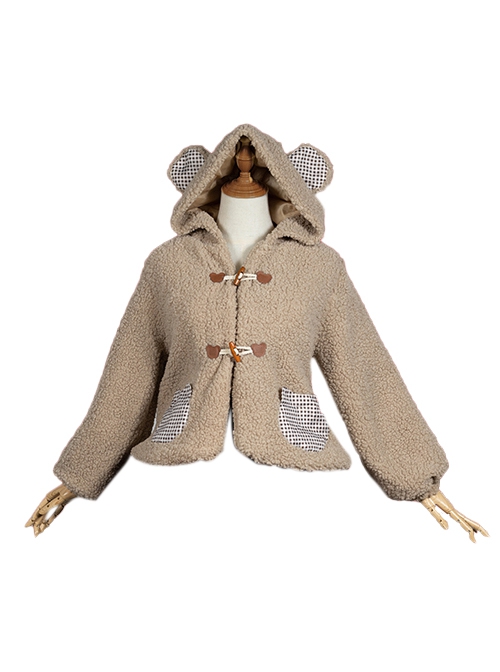 Autumn Winter Keep Warm White Plush Kitten Light Brown Plush Bear Plaid Pocket Ear Decorate Sweet Lolita Long-Sleeved Coat