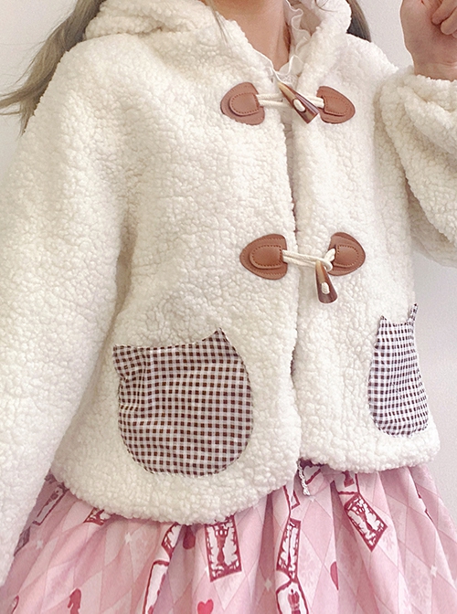 Autumn Winter Keep Warm White Plush Kitten Light Brown Plush Bear Plaid Pocket Ear Decorate Sweet Lolita Long-Sleeved Coat