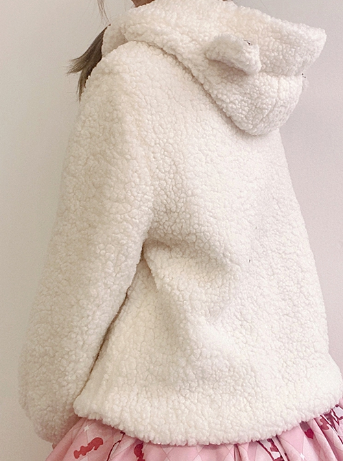 Autumn Winter Keep Warm White Plush Kitten Light Brown Plush Bear Plaid Pocket Ear Decorate Sweet Lolita Long-Sleeved Coat
