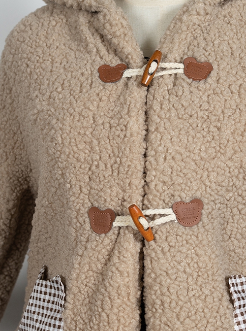 Autumn Winter Keep Warm White Plush Kitten Light Brown Plush Bear Plaid Pocket Ear Decorate Sweet Lolita Long-Sleeved Coat