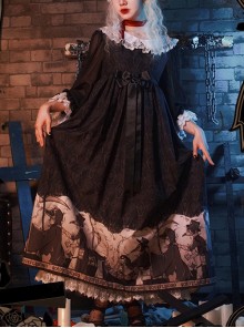 Delorme Gray Crow Series Gothic Style Crow Print Hem Black Chiffon Stitching Lace Sleeves Gothic Lolita Long-Sleeved Dress