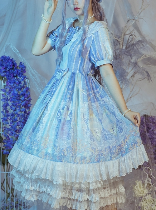 Wonderful Undersea Series Conch Shell Jellyfish Undersea Print Blue Sweet Elegant Classic Lolita Short-Sleeved Dress