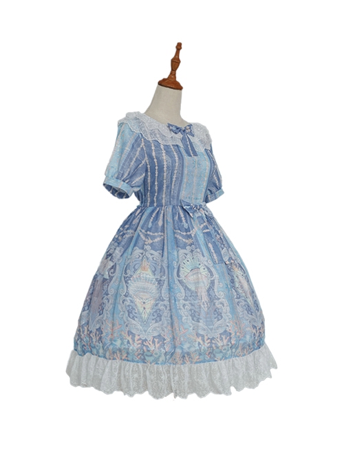 Wonderful Undersea Series Conch Shell Jellyfish Undersea Print Blue Sweet Elegant Classic Lolita Short-Sleeved Dress