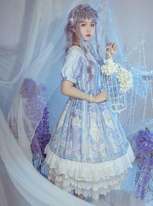 Wonderful Undersea Series Conch Shell Jellyfish Undersea Print Blue Sweet Elegant Classic Lolita Short-Sleeved Dress