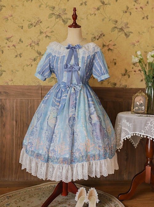 Wonderful Undersea Series Conch Shell Jellyfish Undersea Print Blue Sweet Elegant Classic Lolita Short-Sleeved Dress