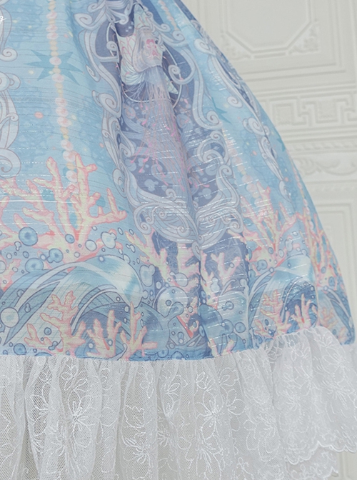 Wonderful Undersea Series Conch Shell Jellyfish Undersea Print Blue Sweet Elegant Classic Lolita Short-Sleeved Dress