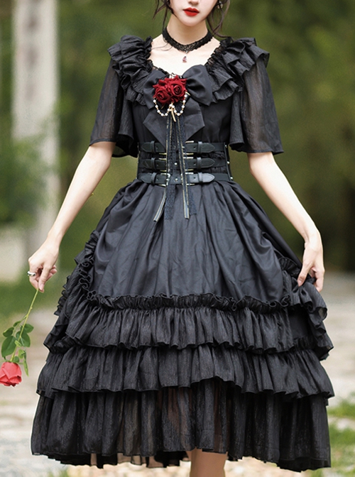 Rose Prayer Series Black Elegant French Backless Metal PU Leather Belt Classic Lolita Short Sleeve Dress