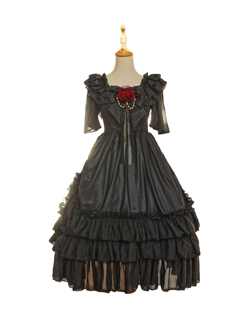 Rose Prayer Series Black Elegant French Backless Metal PU Leather Belt Classic Lolita Short Sleeve Dress