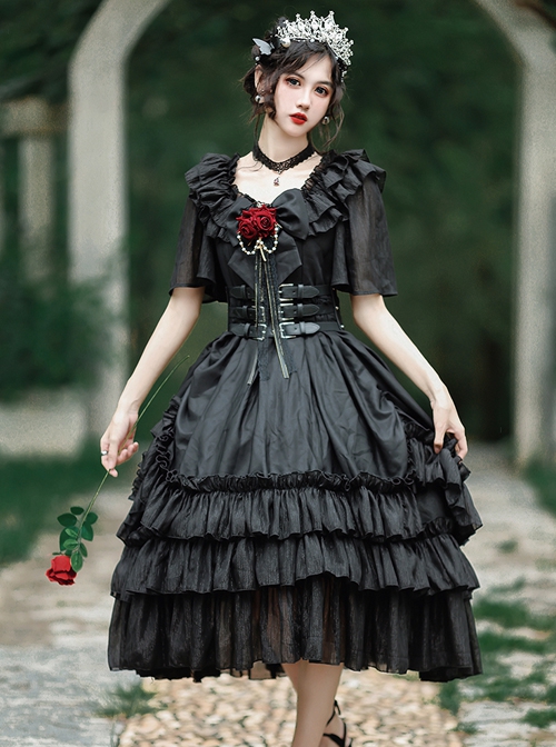 Rose Prayer Series Black Elegant French Backless Metal PU Leather Belt Classic Lolita Short Sleeve Dress