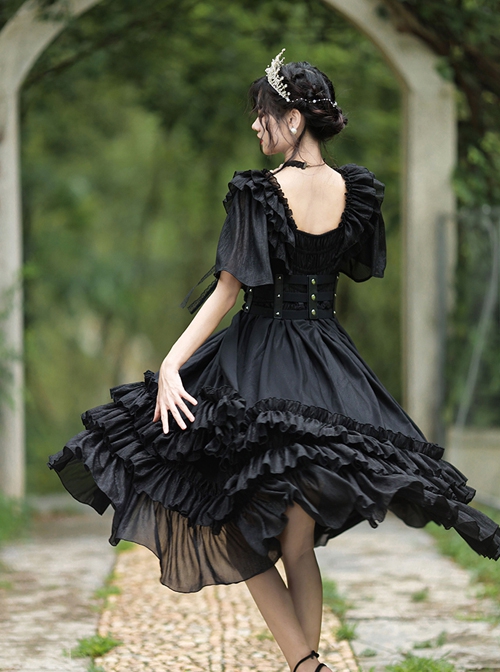 Rose Prayer Series Black Elegant French Backless Metal PU Leather Belt Classic Lolita Short Sleeve Dress