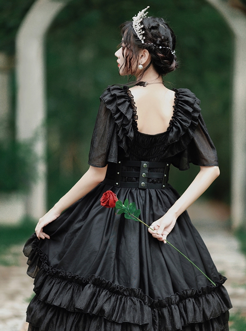 Rose Prayer Series Black Elegant French Backless Metal PU Leather Belt Classic Lolita Short Sleeve Dress