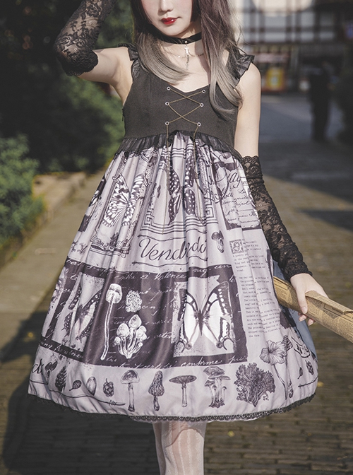 Butterfly Daily Series French Elegant Butterfly Newspaper Print Backless Lace-Up Classic Lolita Sleeveless Dress