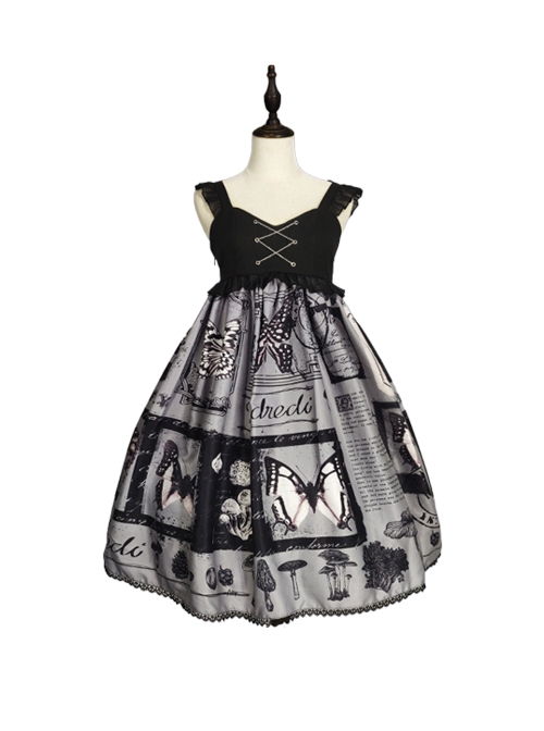 Butterfly Daily Series French Elegant Butterfly Newspaper Print Backless Lace-Up Classic Lolita Sleeveless Dress