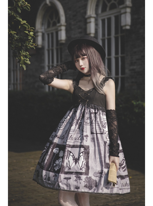 Butterfly Daily Series French Elegant Butterfly Newspaper Print Backless Lace-Up Classic Lolita Sleeveless Dress