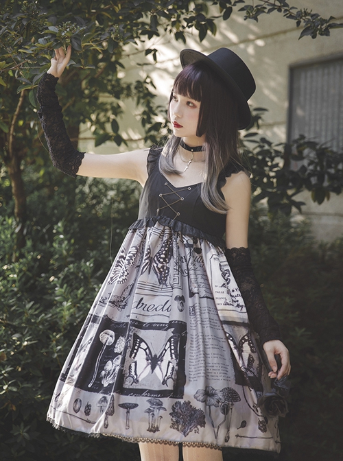 Butterfly Daily Series French Elegant Butterfly Newspaper Print Backless Lace-Up Classic Lolita Sleeveless Dress