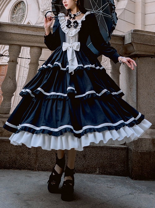 Black White Elegant Bowknot Decorated Three-Section Cake Dress Classic Lolita Long-Sleeved Dress