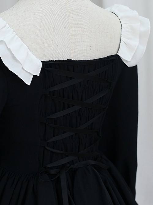 Black White Elegant Bowknot Decorated Three-Section Cake Dress Classic Lolita Long-Sleeved Dress