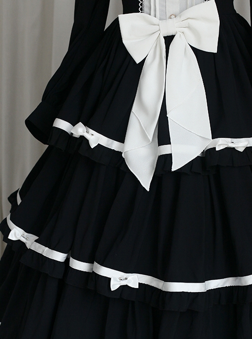Black White Elegant Bowknot Decorated Three-Section Cake Dress Classic Lolita Long-Sleeved Dress