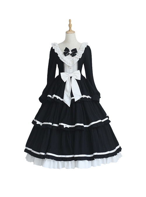 Black White Elegant Bowknot Decorated Three-Section Cake Dress Classic Lolita Long-Sleeved Dress