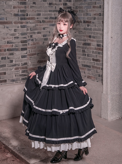 Black White Elegant Bowknot Decorated Three-Section Cake Dress Classic Lolita Long-Sleeved Dress