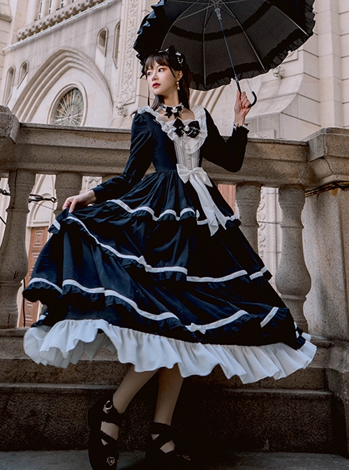 Black White Elegant Bowknot Decorated Three-Section Cake Dress Classic Lolita Long-Sleeved Dress