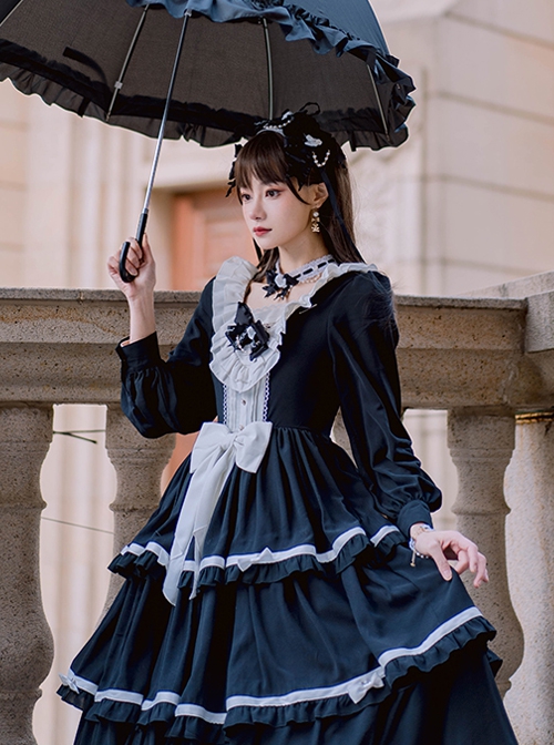 Black White Elegant Bowknot Decorated Three-Section Cake Dress Classic Lolita Long-Sleeved Dress