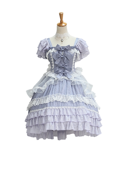 Gray Purple Classic Lolita Square Neck Lace Bowknot Decoration Short Sleeve Dress