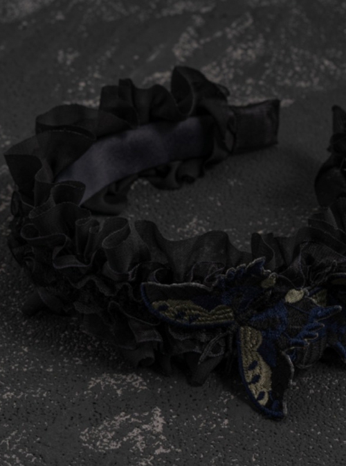 Handwork Black Lace Three-Dimensional Embroidered Butterfly Asymmetrical Gothic Lolita Headband