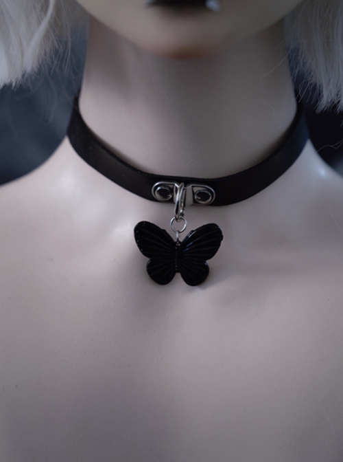 Handwork Black Three-Dimensional Butterfly PU Leather Gothic Lolita Necklace