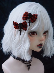 Red-Black Plaid Bowknot Black Skull Cross Halloween Gothic Lolita Hair Clips