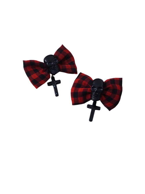 Red-Black Plaid Bowknot Black Skull Cross Halloween Gothic Lolita Hair Clips