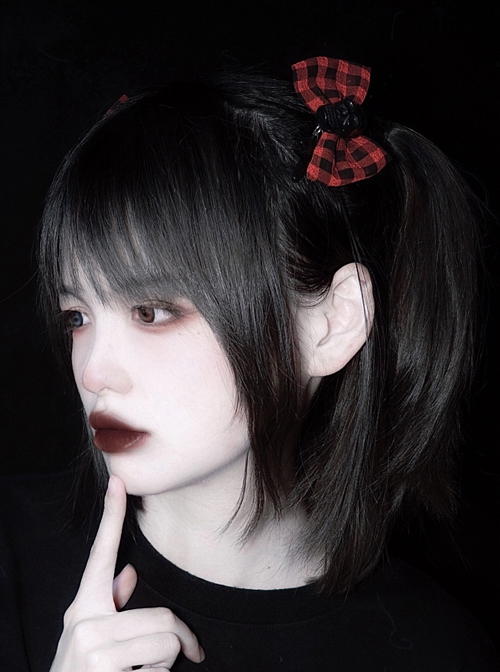 Red-Black Plaid Bowknot Black Skull Cross Halloween Gothic Lolita Hair Clips