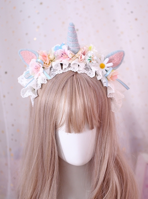 Fantasy Unicorn Girly Lace Flower Decoration Wool Felt Sweet Lolita Headband