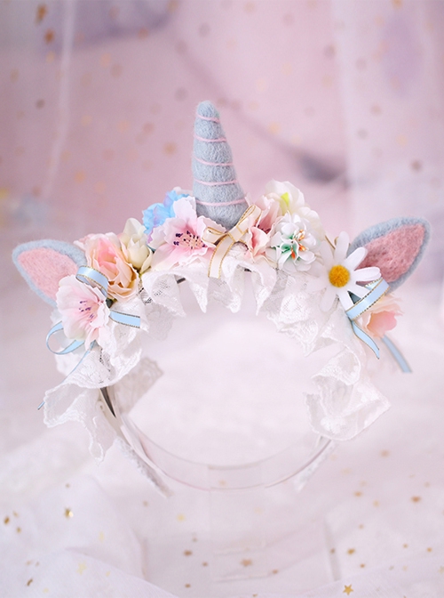 Fantasy Unicorn Girly Lace Flower Decoration Wool Felt Sweet Lolita Headband