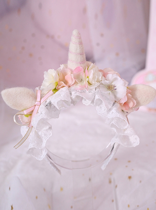 Fantasy Unicorn Girly Lace Flower Decoration Wool Felt Sweet Lolita Headband