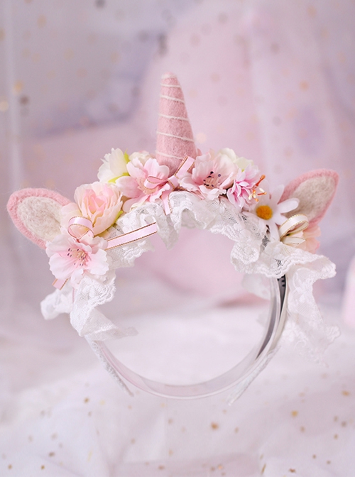 Fantasy Unicorn Girly Lace Flower Decoration Wool Felt Sweet Lolita Headband