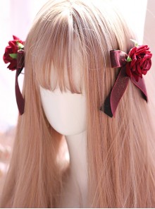 Wine Red Velvet Rose Handwork Black Red Bowknot Gothic Lolita Hair Clips