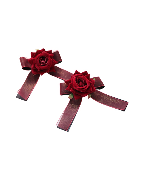 Wine Red Velvet Rose Handwork Black Red Bowknot Gothic Lolita Hair Clips