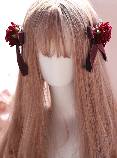 Wine Red Velvet Rose Handwork Black Red Bowknot Gothic Lolita Hair Clips