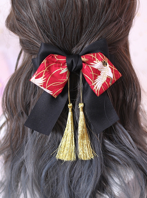 Bronzing Crane Print Gold Tassel Decorated Black Bowknot Classic Lolita Hair Clip