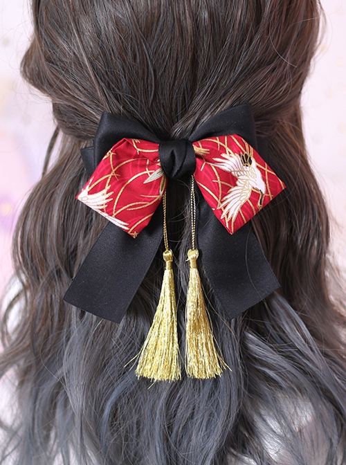 Bronzing Crane Print Gold Tassel Decorated Black Bowknot Classic Lolita Hair Clip