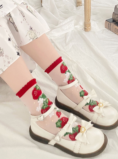 Strawberry Manor Series Strawberry Flower Print Summer Thin Cute Sweet Lolita Socks