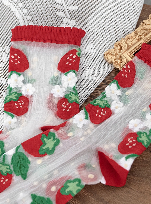 Strawberry Manor Series Strawberry Flower Print Summer Thin Cute Sweet Lolita Socks