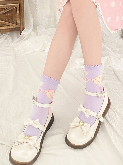 Yawn Rabbit Series Pink Purple Rabbit Print Short Knitted Socks Sweet Lolita Socks