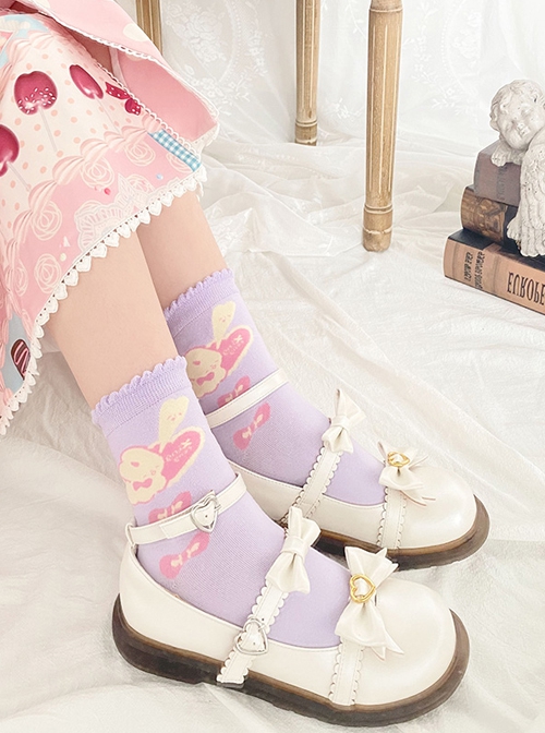 Yawn Rabbit Series Pink Purple Rabbit Print Short Knitted Socks Sweet Lolita Socks