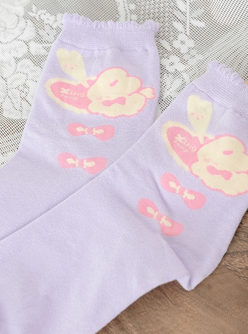 Yawn Rabbit Series Pink Purple Rabbit Print Short Knitted Socks Sweet Lolita Socks